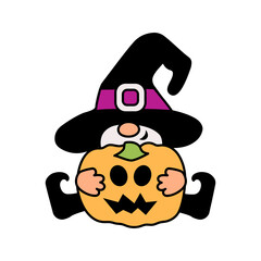 Adorable gnome with witch hat and Halloween pumpkin is on white background. Vector illustration.