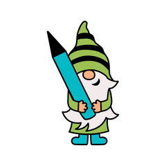 Adorable gnome with pen or pencil is on white background. Vector illustration.