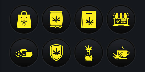 Set Medical pills with marijuana, Online buying, Shield and, Test tube, Shopping bag of, Marijuana or cannabis seeds, Cup tea and icon. Vector