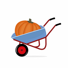 Wheelbarrow with autumn harvest large pumpkin, vector isolated illustration