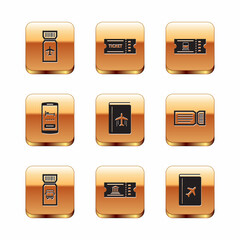 Set Airline ticket, Bus, Museum, Cover book travel guide, Online hotel booking, Train, and Ticket icon. Vector
