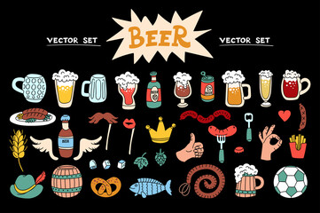 Vector cartoon set on the theme of beer. Flat isolated sketches of glasses with beer, food, sausage, wheat, hops for use in design