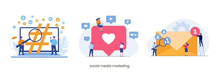Social media marketing strategy concept, like, email, tags. Flat vector illustration