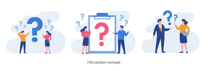 FAQ question concept, customer support, flat vector illustration.