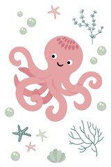 Postcard with cute hand drawn octopus. White background, isolate. Vector illustration.