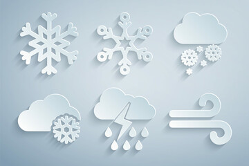 Obraz premium Set Cloud with rain and lightning, snow, Wind, Snowflake and icon. Vector