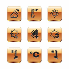 Set Rainbow with cloud, Meteorology thermometer, Celsius, Thermometer sun, UV protection, and icon. Vector