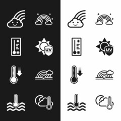 Obraz premium Set UV protection, Meteorology thermometer, Rainbow with cloud, clouds, Thermometer and moon and Water icon. Vector