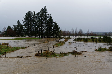 PADDOCKS SUBMERGED BY FLOOD WATERS. Motueka, New Zealand 17 July 2021. Water surged through...