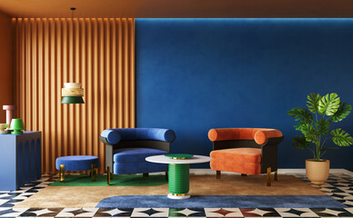 Deep coloured design of living room, interior concept of memphis design, 3d render