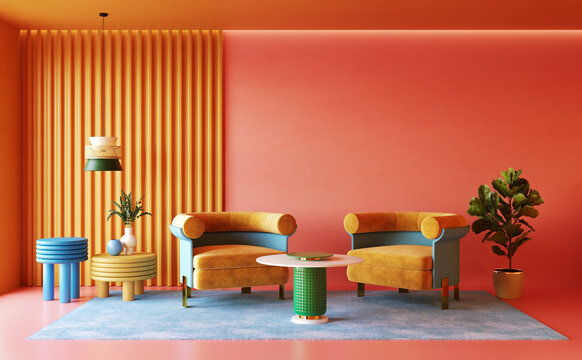 Colorful interior desing of living room, memphis concept, 3d render 