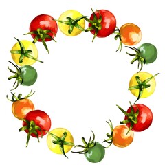 水彩厚塗りのカラフルプチトマトイラスト・円フレーム