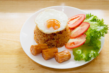 Fried rice sausage ketchup homemade cooking concept background