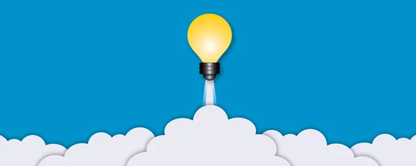 Foto op Plexiglas Yellow light bulb rising up like rocket with white cloud on a blue background, Ideas inspiration concepts of business start up or goal to success, Creativity of human, paper cut design style. © Chitraporn