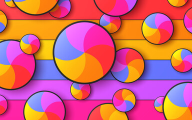 Abstract colorful background over which bright multicolored rotating circles fly. Vector illustration.
