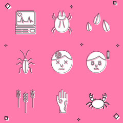 Set Monitor with cardiogram, Parasite mite, Sesame seeds, Cockroach, Man having headache, Fatigue, Wheat and Hand psoriasis eczema icon. Vector