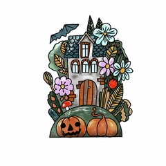 Hand drawn Halloween illustration. Cute little house, pumpkins, bat, Jack o Lantern.