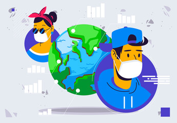vector illustration of people in medical masks on the background of the planet earth with statistics of the new coronavirus infection