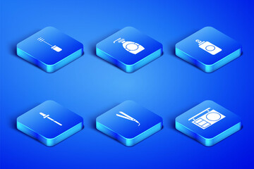 Set Eye shadow palette, Mascara brush, Curling iron, Pipette, Bottle of liquid soap and Spray can icon. Vector