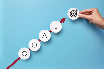 Paper mugs with the inscription: goal. A symbol of a step-by-step plan of movement to the goal