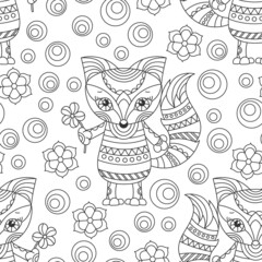 Seamless pattern with cute contour cartoon foxes, raccoons and flowers, dark outline  animals on a green background