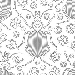 Seamless pattern with contour beetles, deer and flowers, dark contour insects on a white background