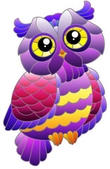 Illustration in stained glass style with a bright cartoon owl, the animal is isolated on a white background