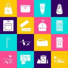 Set Ecology infographic, Megaphone on mobile, Stop plastic pollution, Cream cosmetic tube, Lunch box, Battery pack, Shopping bag with recycle and Bottle of liquid soap icon. Vector