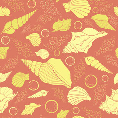 Modern flat outline sea shells, bubbles seamless pattern for fabric, textile, apparel, interior, stationery, wrapping paper, scrapbooking. Trendy marine endless texture. Exotic ocean shells contours.