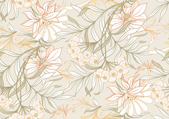 Seamless pattern, background with decorative flowers in art nouveau style, vintage, old, retro style. Vector illustration.