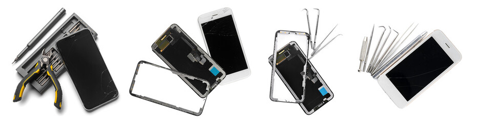 Disassembled mobile phones with technician tools on white background
