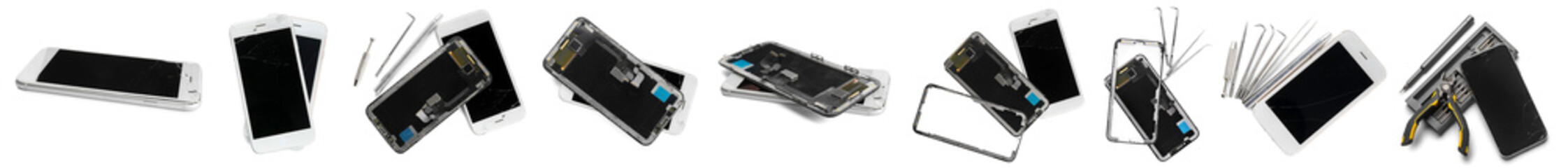 Disassembled mobile phones with technician tools on white background