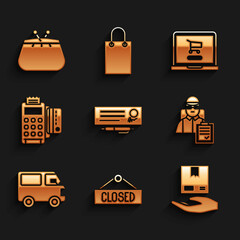 Set Bank check and pen, Hanging sign with Closed, Delivery hand boxes, man cardboard, cargo truck vehicle, POS terminal credit, Shopping cart on laptop and Wallet icon. Vector
