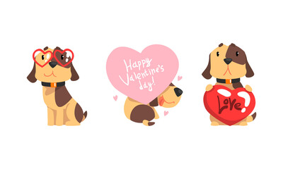 Fototapeta premium Funny Jack Russell Terrier Dog with Red Valentine Heart Vector Set