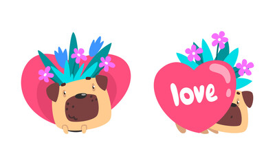 Funny Pug Dog with Flower Bouquet and Valentine Heart Vector Set