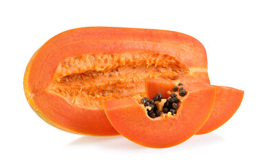 whole and sliced ripe papaya fruit isolated on white background