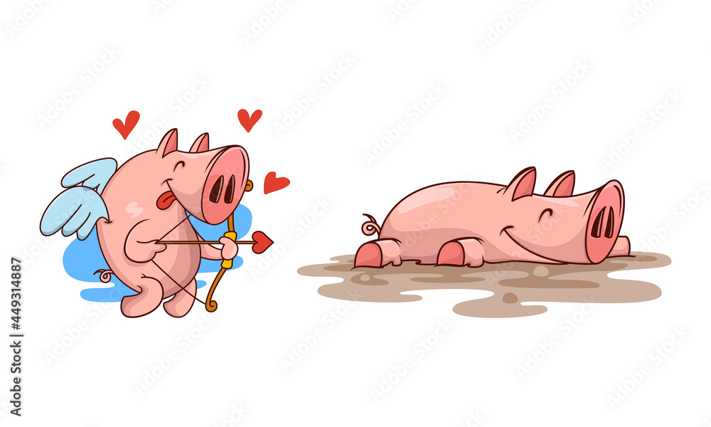 Poster pink pig as cupid with bow and arrow and lying in mud puddle vector set