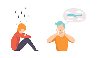 Man Having Mental Disorder and Psychic Illness Vector Set