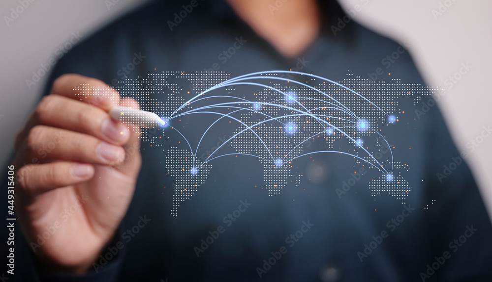 Poster Businessman touching global network over the world. Global network connection. World map point and line composition concept of global business