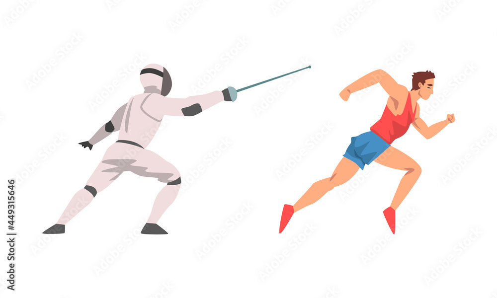 Poster man character sprinting and doing fencing vector set