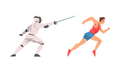 Man Character Sprinting and Doing Fencing Vector Set