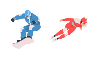 Man Character Ice Skating and Snowboarding Vector Set