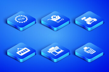 Set POS terminal with credit card, Discount percent tag, Shopping building or market store, Price text Free, Add cart and Cash register machine icon. Vector