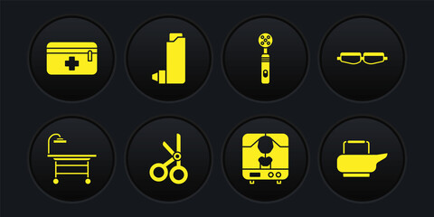 Set Operating table, Safety goggle glasses, Medical scissors, X-ray machine, Electric toothbrush, Inhaler, Bedpan and First aid kit icon. Vector