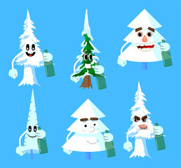 Cartoon winter pine trees with faces holding a bottle. Cute forest trees. Snow on pine cartoon character, funny holiday vector illustration.