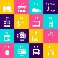 Set Smart headphones, street light, home with wireless, car system, security camera, server, printer and Wireless laptop icon. Vector