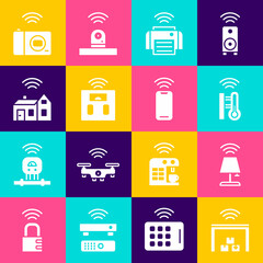 Set Smart warehouse, table lamp, thermometer, printer, bathroom scales, home with wireless, photo camera and Wireless smartphone icon. Vector