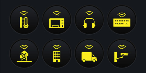 Set Wireless antenna, keyboard, Smart home with wireless, truck, headphones, microwave oven, security camera and thermometer icon. Vector