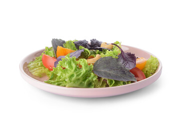 Plate with tasty fresh salad on white background
