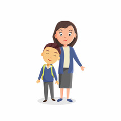 The boy and the teacher are happy to return to school. Vector image in a cartoon flat style.